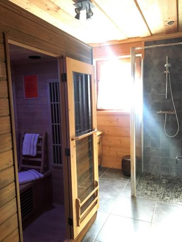 une salle de bain avec douche et porte vitrée dans l'établissement Chalet Clos Moccand, à Samoëns