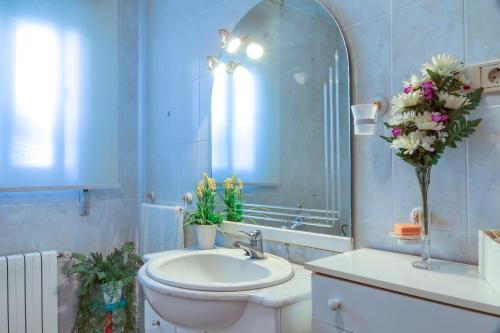 a bathroom with a sink and a toilet and a mirror at Cueva El Murallon Benamaurel in Benamaurel