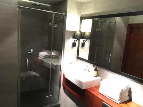 W łazience znajduje się prysznic, umywalka i lustro. w obiekcie Apartament Lato w Gdyni w mieście Gdynia