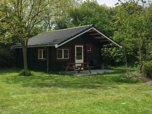 een kleine hut met een picknicktafel in een tuin bij Vakantiehuisjes Robersum in Vierhuizen