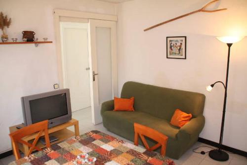 a living room with a green couch and a tv at Cal Riba in Llacuna