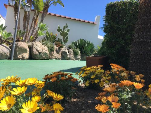 a garden with yellow and orange flowers in a yard at Poggio Aragosta Hotel & Spa in Ischia