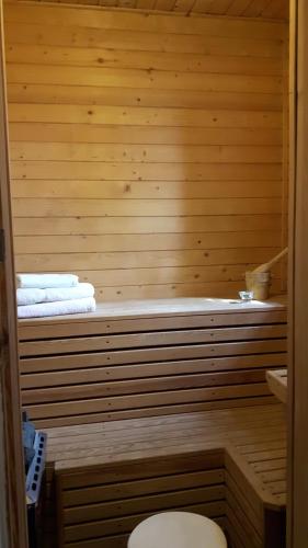 uma casa de banho com sauna, WC e toalhas em Hotel Daria Dworek Myśliwski em Lódź