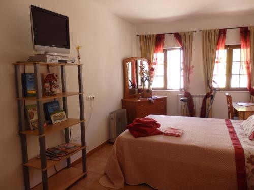 a bedroom with a bed and a tv on a shelf at Casa Riqueta Silva in Bordeira
