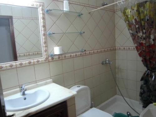 a bathroom with a sink and a toilet and a mirror at Casa Riqueta Silva in Bordeira