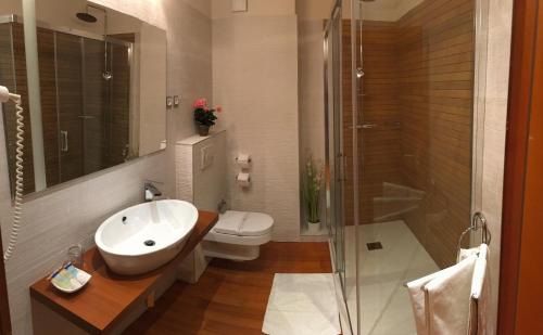 a bathroom with a sink and a toilet and a shower at Hotel Eden in Podstrana
