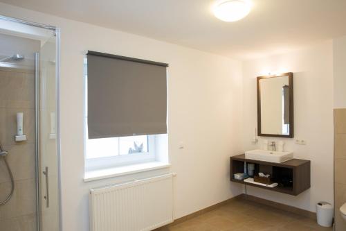 a bathroom with a window and a sink and a mirror at Bierhotel Ranklleiten Almtal in Pettenbach