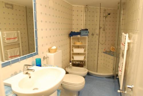 La salle de bains est pourvue d'un lavabo, de toilettes et d'une douche. dans l'établissement Elegante Monolocale Genova, à Gênes
