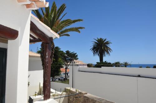 a white house with a palm tree in the background at 16 Porto Santo Apartments in Porto Santo