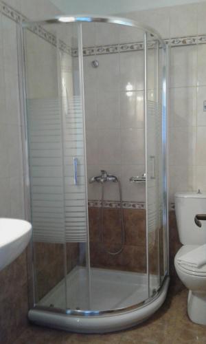 a shower stall in a bathroom with a toilet at Guesthouse Enastron in Chorefto