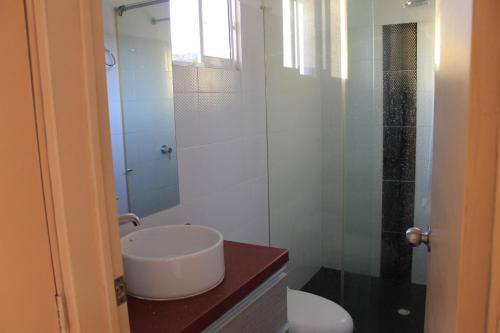 クリティにあるCasa campestre Curitiのバスルーム(トイレ、ガラス張りのシャワー付)