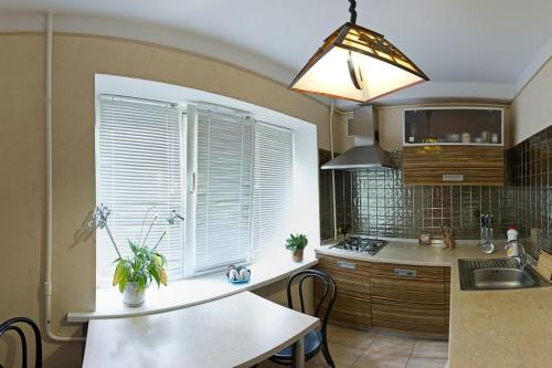 キーウにあるKyiv apartment on Starokyivskaya lane 5の窓、テーブル付きのキッチンが備わります。