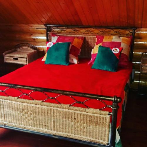 a bed with red sheets and green pillows at Villa Mango in Vylkove
