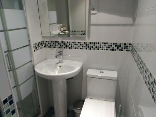 a bathroom with a sink and a toilet and a mirror at Hostal Doña Isabel in Majadahonda