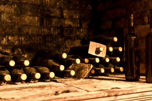 a bunch of bottles of wine and a bunch of grapes at Penzion - Vinařství Hanuš in Blučina