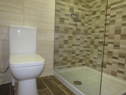 a bathroom with a toilet and a shower at Central Studio Apartment in Santa Venera
