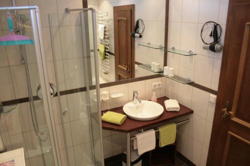 a bathroom with a sink and a shower at Haus Valle in Reith bei Seefeld