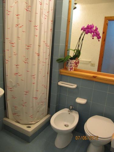 a bathroom with a toilet and a shower curtain at Centro Vacanze Cugnana Verde in Marina di Portisco