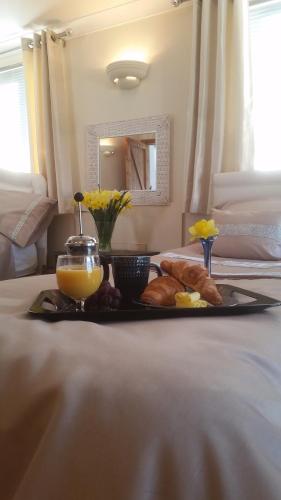 a tray of bread and orange juice on a bed at Pantysgyfarnog near Carmarthenshire Pembrokeshire in Carmarthen
