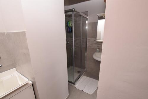 uma casa de banho com um chuveiro e um lavatório. em La Casetta di Adriana em San Vito Chietino