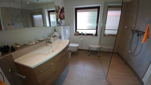 ein Bad mit einem Waschbecken, einem WC und einer Dusche in der Unterkunft Eulennest in Tarp