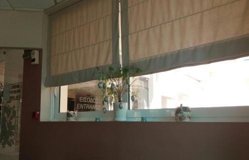 a window with aige blinds in a room at Hotel Filoxenia Beach in Leptokaria