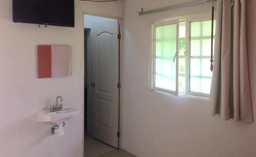 baño con lavabo y ventana en Rosvel Hotel, en Palenque