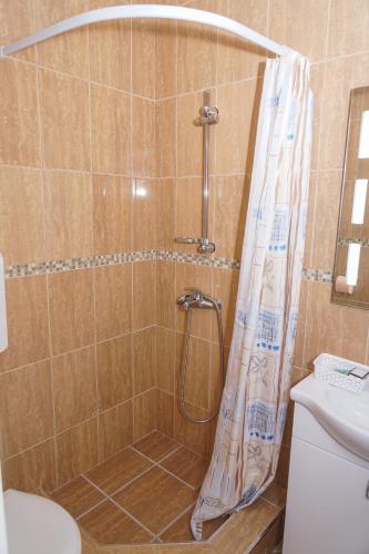 a shower with a shower curtain in a bathroom at Amfora in Palić