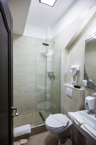 a bathroom with a shower and a toilet and a sink at Hotel-Restaurant Ayan Piatra Neamt in Piatra Neamţ