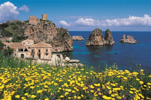 un campo de flores frente a un cuerpo de agua en Casa di Tony, en Trapani