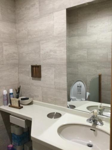a bathroom with a sink and a mirror at Minshuku Cress in Biei