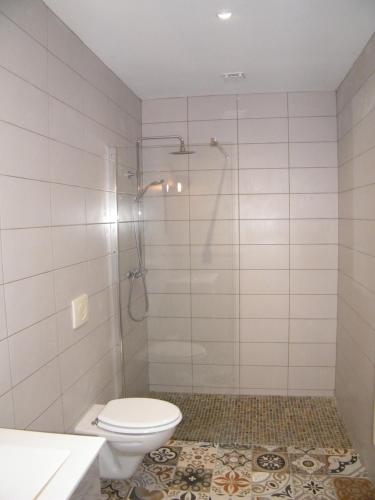 a white bathroom with a toilet and a shower at Clos Vieux Rochers Vineyard in Puisseguin