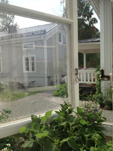 a window view of a yard with a house at Pensionatet in Piteå
