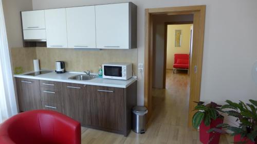a kitchen with a sink and a microwave at Park - apartmány na prenájom in Nové Mesto nad Váhom
