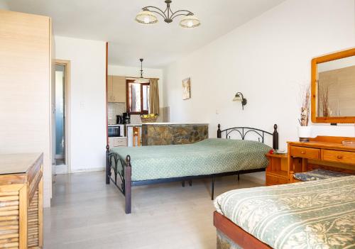 a bedroom with two beds and a kitchen at Villa Italiana in Agios Nikolaos