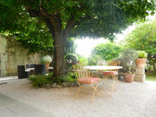 a table and chairs in front of a tree at Les Passiflores in Grasse