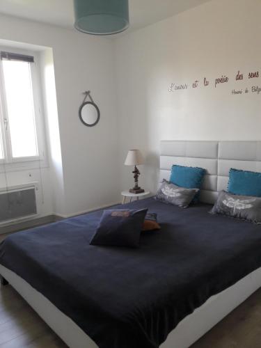 een slaapkamer met een groot bed en een blauwe deken bij l'escale in Montamisé