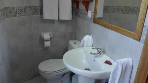 a bathroom with a sink and a toilet and a mirror at Casa Leny in La Vega