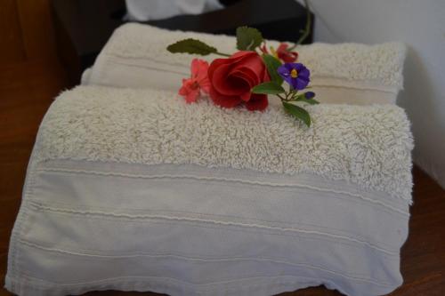a stack of towels with a flower on them at Dolphin View Guesthouse in Jeffreys Bay