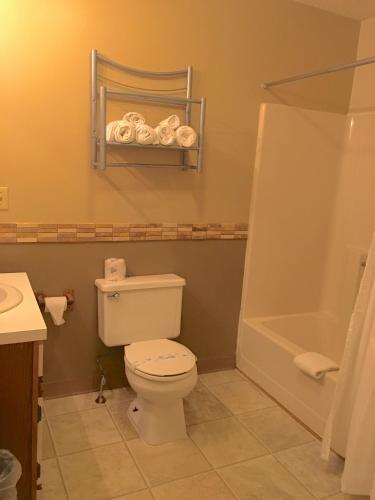 a bathroom with a toilet and a tub and a sink at The Villas on Lake George in Diamond Point