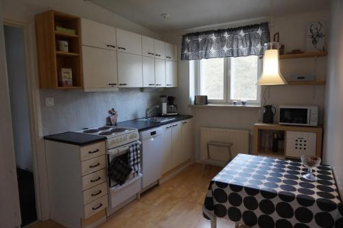 uma cozinha com armários brancos, uma pia e um fogão em Ounasvaara Arctic Suite em Rovaniemi