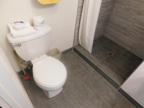a bathroom with a toilet and a shower with towels at Fisherman's Cove Inn in Monterey