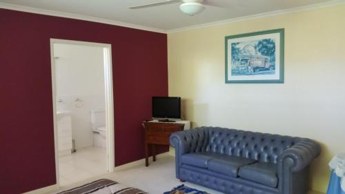 a living room with a blue couch and a television at Hilltop Hideaway in Ninderry
