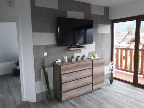 a living room with a television on a wall at Apartament JBF Homole in Szczawnica