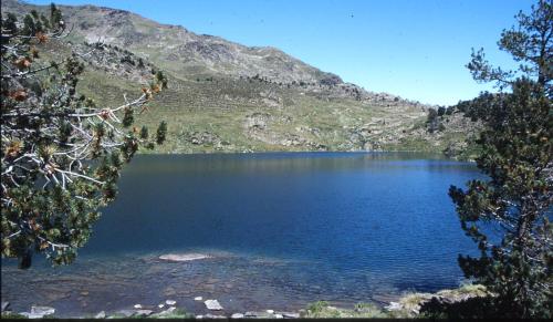 a view of a large blue lake in the mountains at La Coberta-Lo Paller del Coc in Rialp