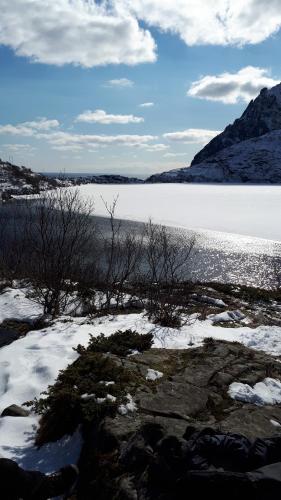 a large body of water with snow on the ground at Sjøhaug Rorbu in Moskenes