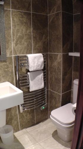 a bathroom with a toilet and a sink and towels at Bay Lodge in Birchington