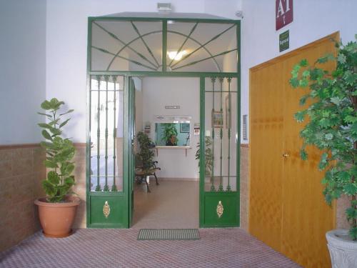 une porte ouverte dans une pièce ornée de plantes en pot dans l'établissement Apartamentos Cazorlapart, à Cazorla