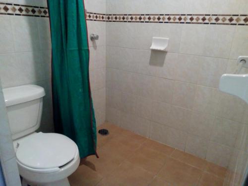 uma casa de banho com um WC e uma cortina de chuveiro verde em Posada San José, Hotel em Puebla