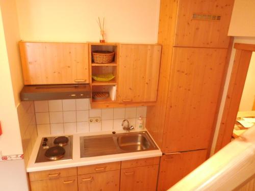 a small kitchen with a sink and wooden cabinets at Haus am See in Litschau